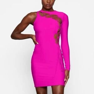 SKIMS One-Shoulder Neon Pink Lace-Up Bodycon Dress